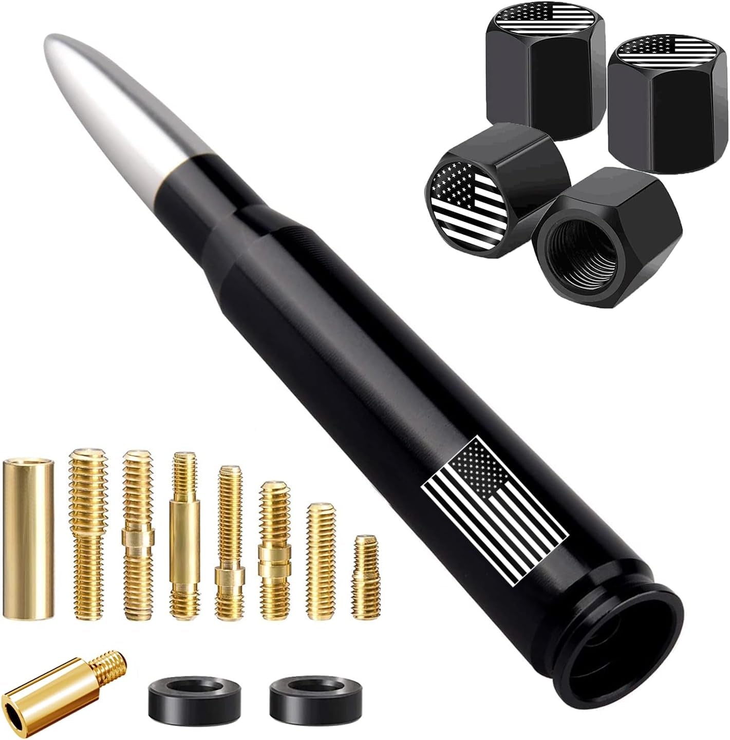 American Flag Car Truck Antenna with Valve Stem Caps, Universal Mast for GM Chevy Silverado 1500 2500 3500 HD Avalanche Ford F150 F250 F350 Denali Heavy Duty Pickup Trucks Accessories (Black)