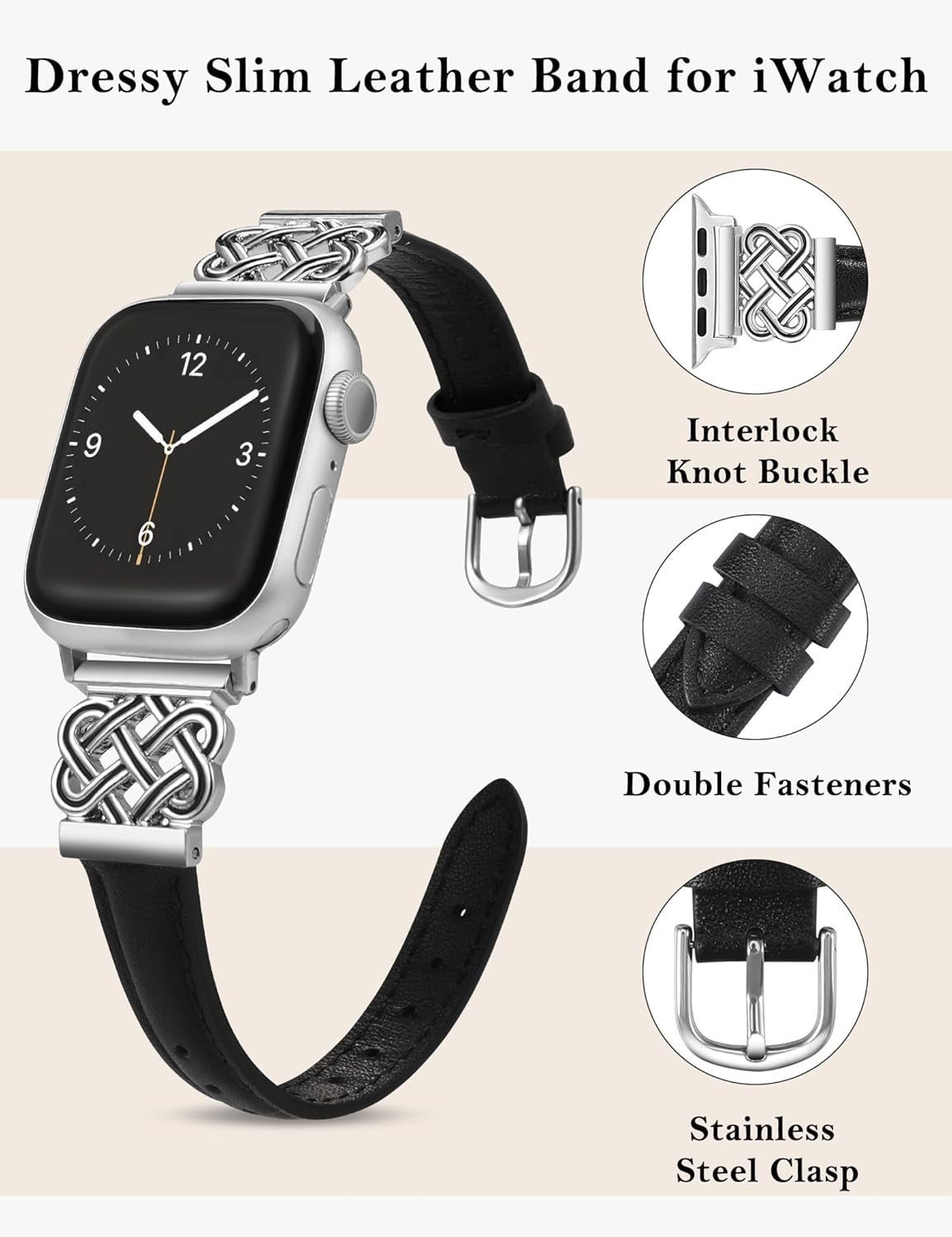 Leather Band Compatible with Apple Watch Bands 38/40/41/42/44/45/49Mm Women, Slim Leather Strap with Designer Dressy Interlock Buckle for Iwatch Series 9/8/7/6/5/SE/4/3/2/1 Ultra/Ultra 2