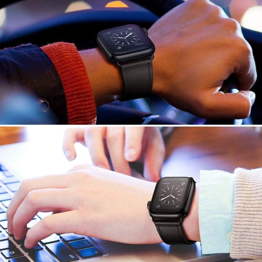 Compatible with Apple Watch Band 49Mm 45Mm 44Mm 42Mm, Genuine Leather Band Replacement Strap Compatible with Apple Watch Ultra 2/1 Series 9/8/7/6/5/4/3/2/1/SE/SE2, Black Band with Black Adapter