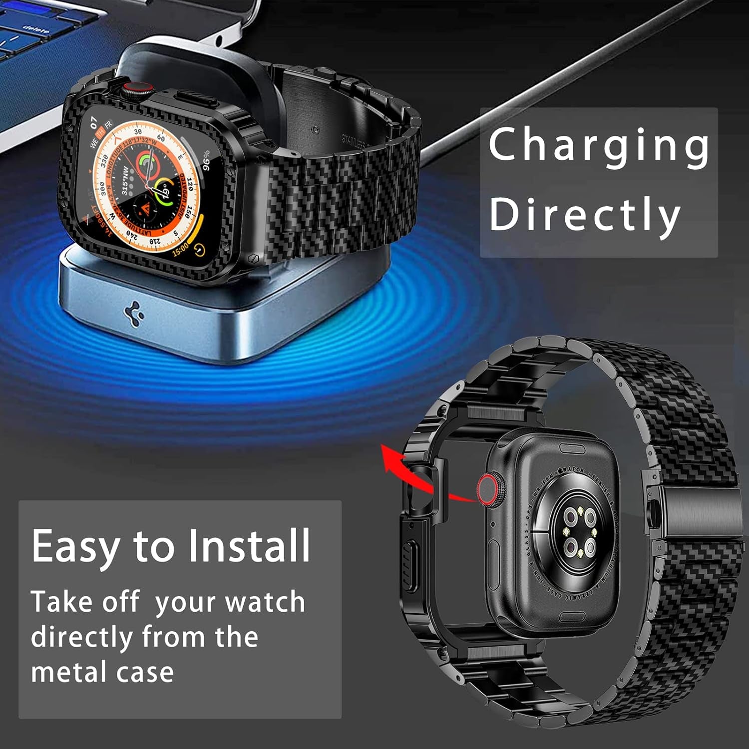 Stainless Steel Band and Case Compatible with Apple Watch Band 41Mm 40Mm 38Mm, Men Metal Protective Bumper Cover for Iwatch Series SE 9/8/7/6/5/4/3/2/1, Black Pattern