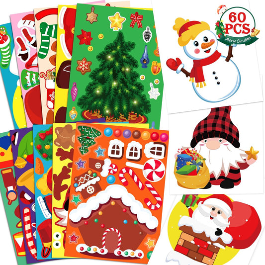 60Sheets Christmas Stickers Crafts for Kids - Make-A- Elf/Nutcracker/Gnomes/Gingerbread House/Santa/Snowman/Xmas Tree, Stocking Stuffers Goodie Bag Gifts Party Favors Supplies (Small Size)