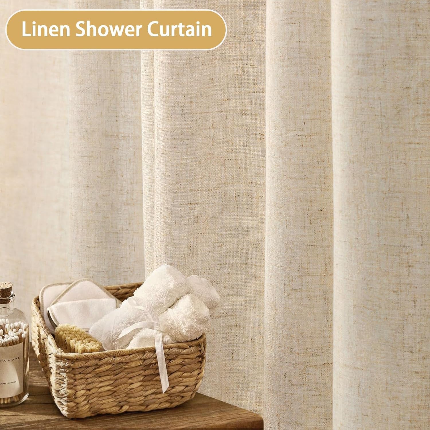 Linen Shower Curtain Beige Boho Farmhouse Shower Curtains for Bathroom Natural Cloth Cotton Fabric Liner Cream 72 X 72 Inch Modern