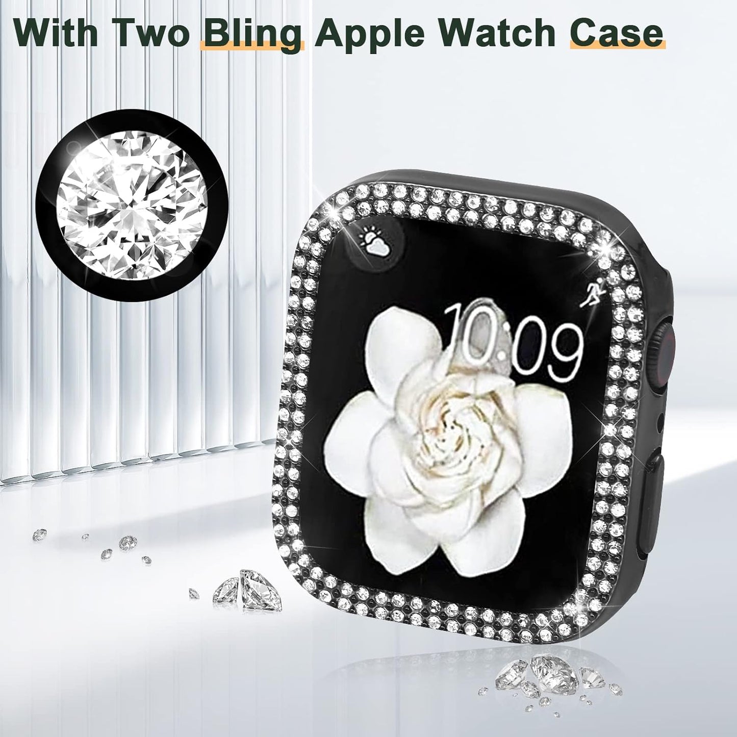 Compatible with Apple Watch Band 38Mm 40Mm 41Mm 42Mm 44Mm 45Mm 49Mm with 2 Pack Case Women, Jewelry Replacement Metal Wristband Strap with Bling PC Protective Case for Iwatch Ultra SE Series 9/8/7/6/5/4/3/2/1