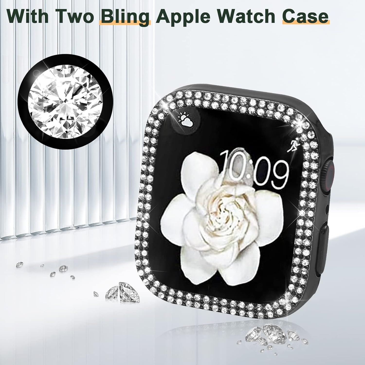 Compatible with Apple Watch Band 38Mm 40Mm 41Mm 42Mm 44Mm 45Mm 49Mm with 2 Pack Case Women, Jewelry Replacement Metal Wristband Strap with Bling PC Protective Case for Iwatch Ultra SE Series 9/8/7/6/5/4/3/2/1
