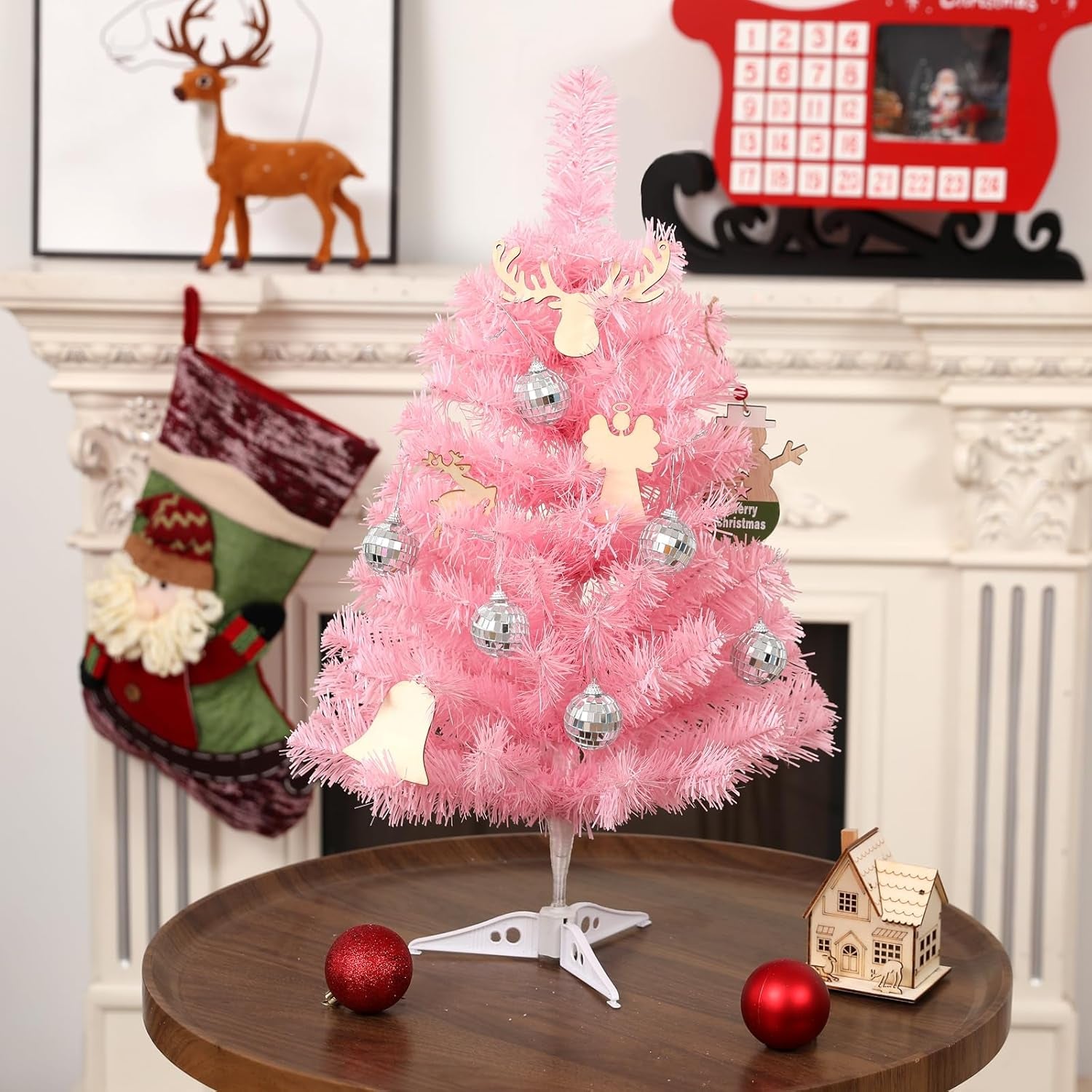 2FT Artificial Christmas Tree Pink Tabletop Christmas Tree with Plastic Stand Mini Xmas Pine Tree for Party Supplies Indoor Outdoor Holiday Home Decoration