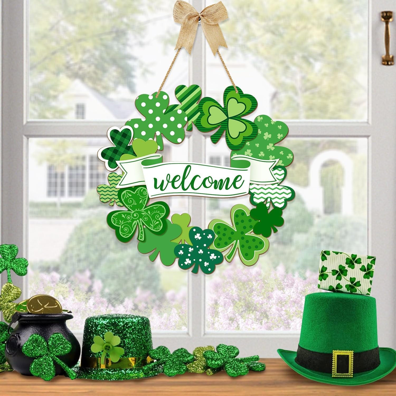 St. Patrick'S Day Shamrock Door Sign, Shamrocks Welcome Wooden Hanging Sign Lucky Irish Ornament Wood Wreath for Happy St. Patrick'S Day Party Front Door Wall Home Decorations with Rope and Bow