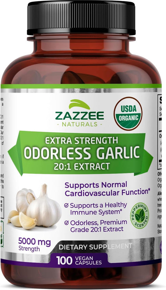 USDA Organic Odorless Garlic 20:1 Extract, 5000 Mg Strength, 100 Vegan Capsules, 3+ Month Supply, Standardized, Concentrated 20X Extract, 100% Vegetarian, All-Natural, Non-Gmo, Made in the USA TLBH