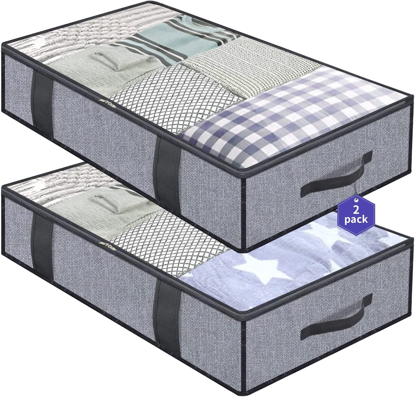 Foldable Underbed Bags 2 Pack - Blankets Clothes Comforters Storage Bag Breathable Zippered Organizer for Bedroom with Clear Window and 4 Handles, 39.4X19.7X5.9 In, Linen-Like Grey, MXDUBBP2