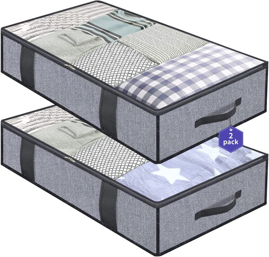 Foldable Underbed Bags 2 Pack - Blankets Clothes Comforters Storage Bag Breathable Zippered Organizer for Bedroom with Clear Window and 4 Handles, 39.4X19.7X5.9 In, Linen-Like Grey, MXDUBBP2