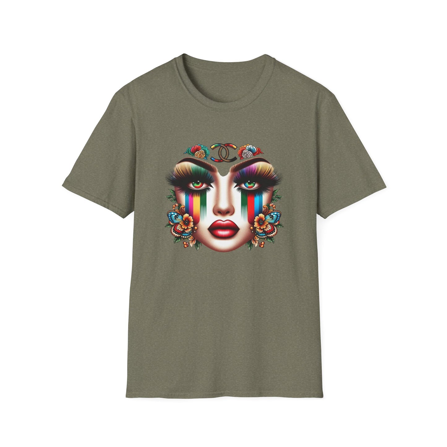 Gucci Inspired Vibrant Art Face Unisex Softstyle T-Shirt - Colorful Floral Design