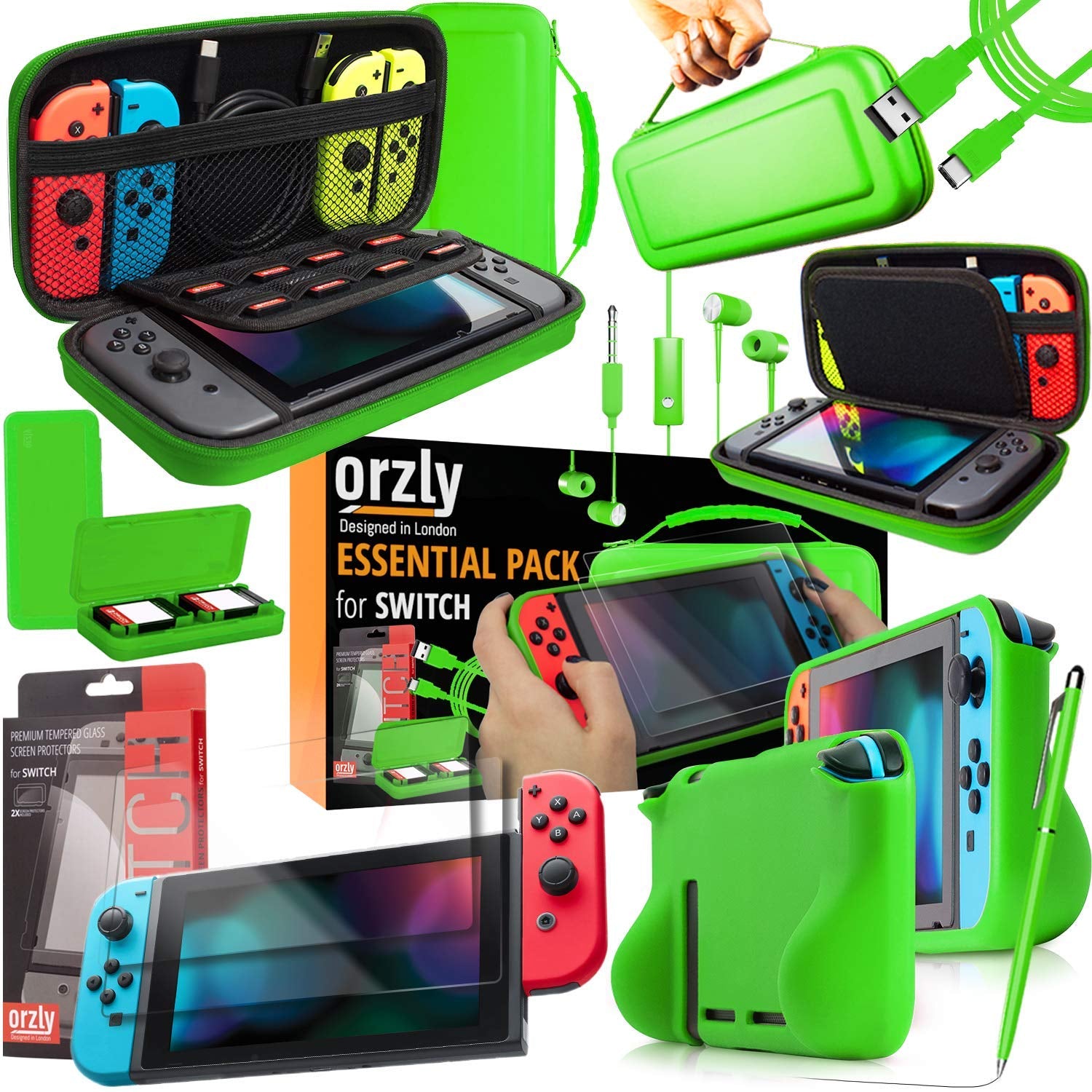 Switch Accessories Bundle -  Essentials Pack for Nintendo Switch OLED Case & Screen Protector , Grip Case, Games Holder, Headphones - Classic Black Edition