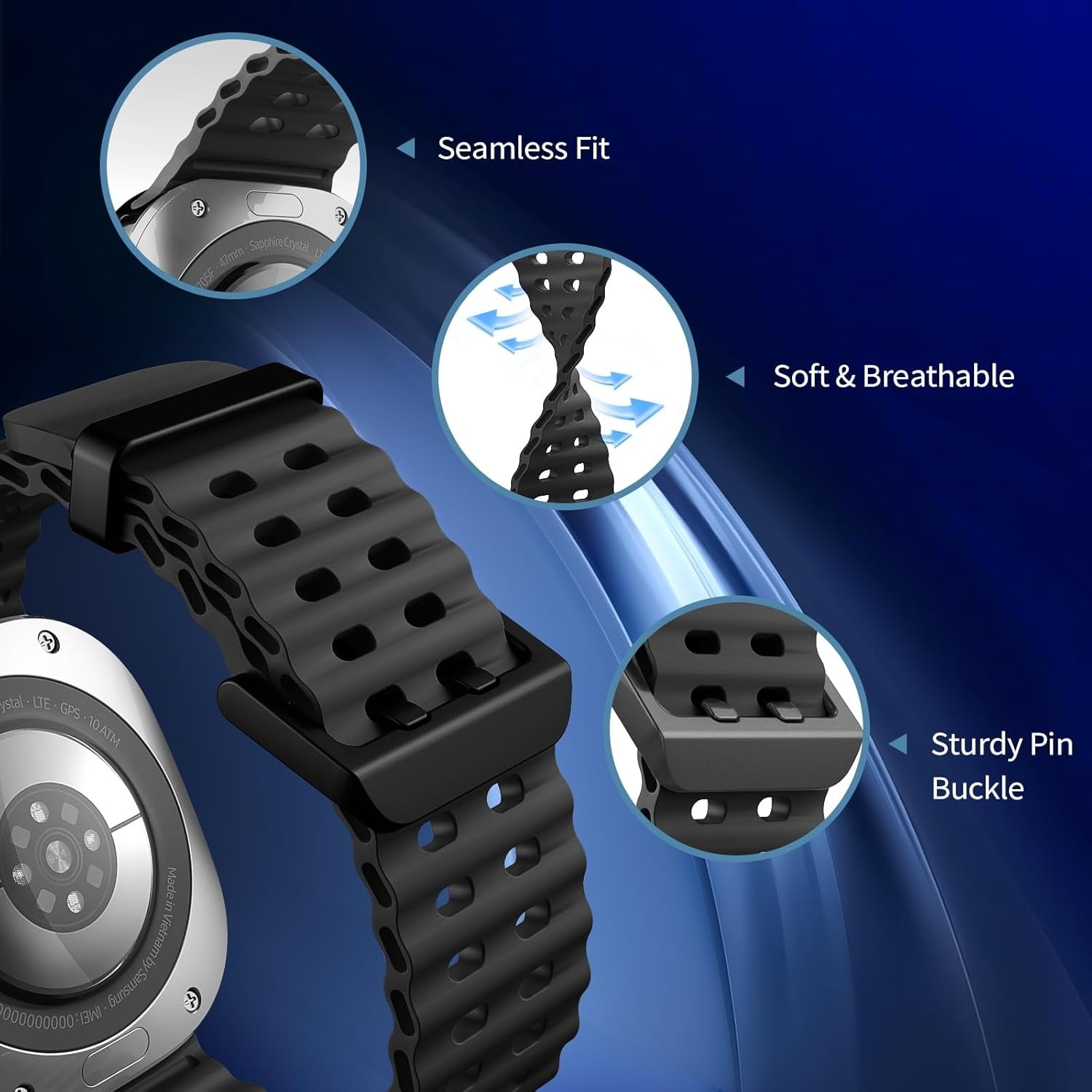 Ocean Silicone Sport Band for Samsung Galaxy Watch 7 Ultra Band 47Mm, Breathable Soft Waterproof Watch Band for Galaxy Watch Ultra Bands,Black