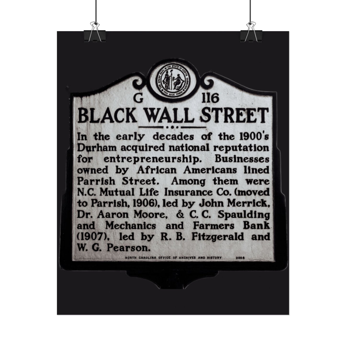 BLACK WALL STREET DURHAM NORTH CAROLINA Rolled Posters