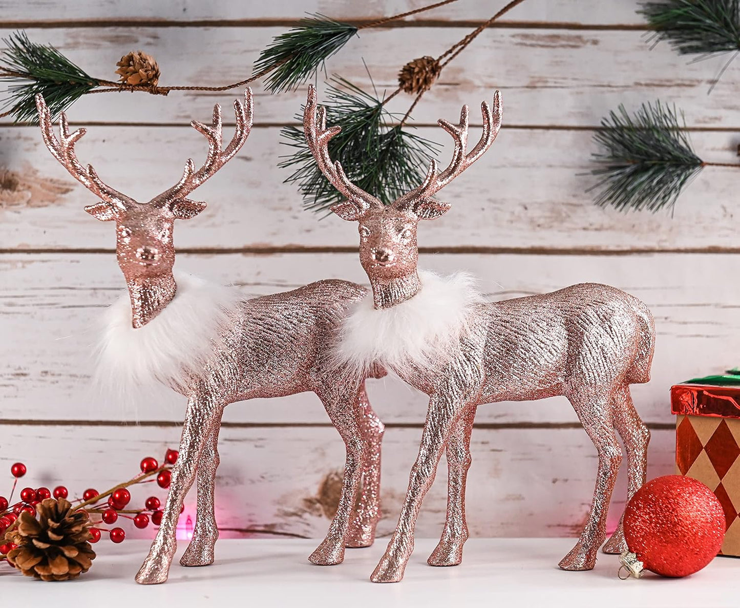 Rose Glitter Christmas Reindeer - Xmas Holiday Party Deer Figurine Statues Dinner Tabletop Decorations Centerpiece Mantle - 12" Pack of 2