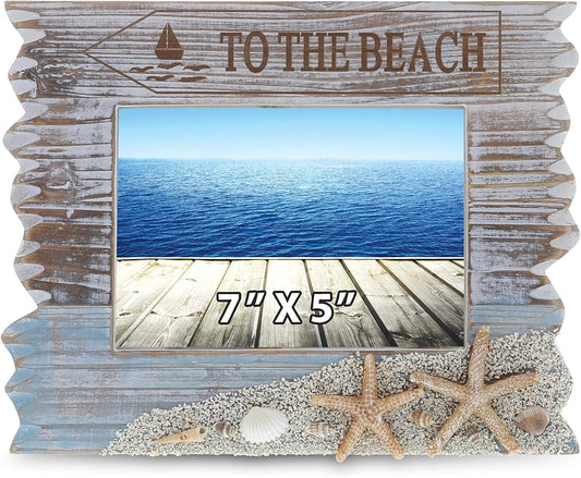 Coastal Horizon Photo Frame 7X5 - Handcrafted Wooden Nautical Photo Frame for Tabletop Display or Beach Themed Home Decor, Decorative Coastal Ornament - Handmade Color May Vary