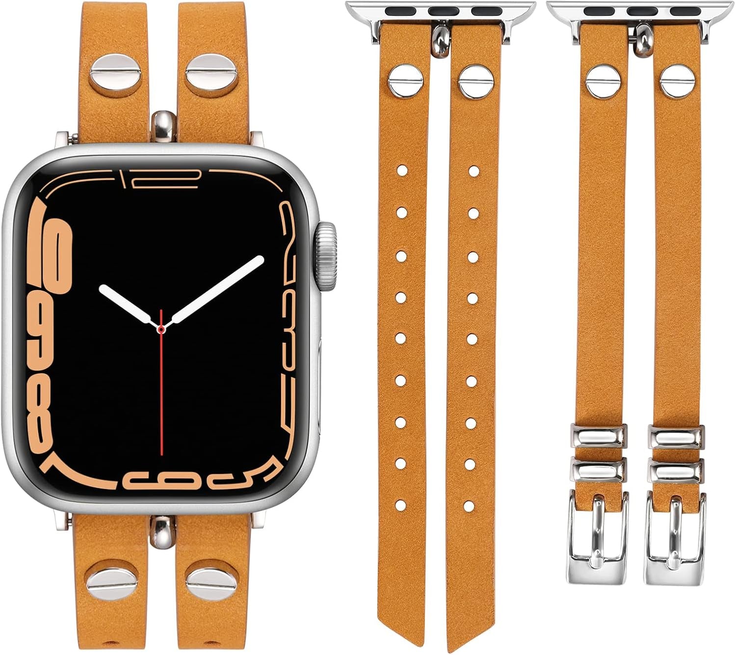 Leather Bands Compatible with Apple Watch Band 38Mm 40Mm 41Mm 42Mm 44Mm 45Mm 49Mm Women, Double-Row Design with Rivets Decoration Strap for Iwatch Series Se/Ultra2/Ultra/9/8/7/6/5/4/3/2/1