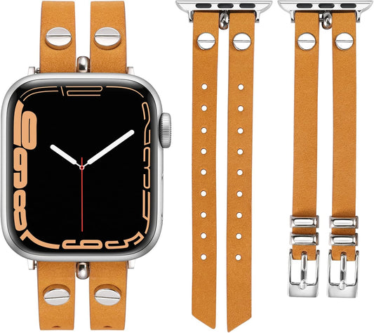 Leather Bands Compatible with Apple Watch Band 38Mm 40Mm 41Mm 42Mm 44Mm 45Mm 49Mm Women, Double-Row Design with Rivets Decoration Strap for Iwatch Series Se/Ultra2/Ultra/9/8/7/6/5/4/3/2/1