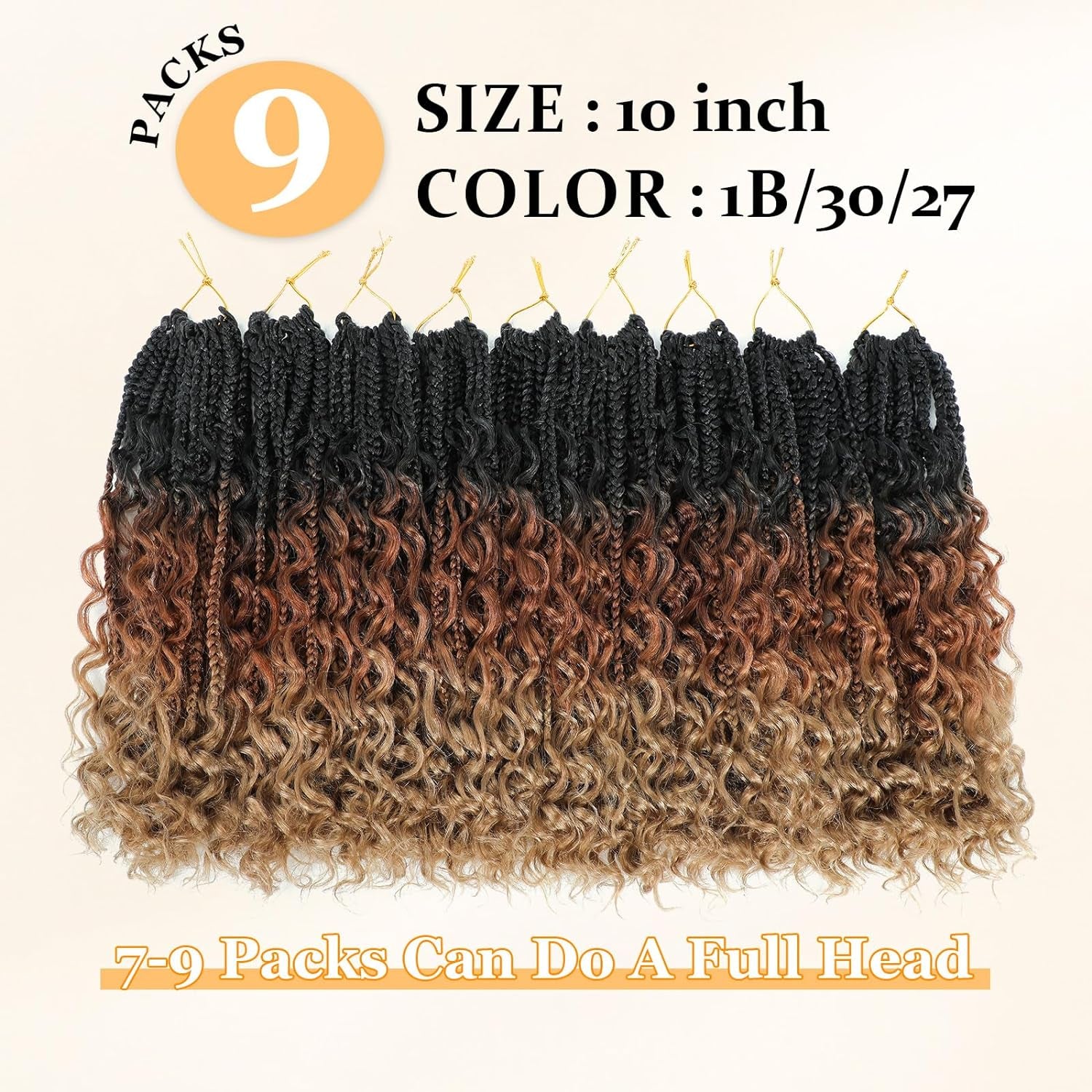 Goddess Box Braids Crochet Hair 10 Inch Boho Crochet Box Braids with Curly Ends,9 Packs Bohomian Box Braids Crochet Hair for Black Women Pre Looped Box Braids Crochet Hair (10Inch,1B/30/27)