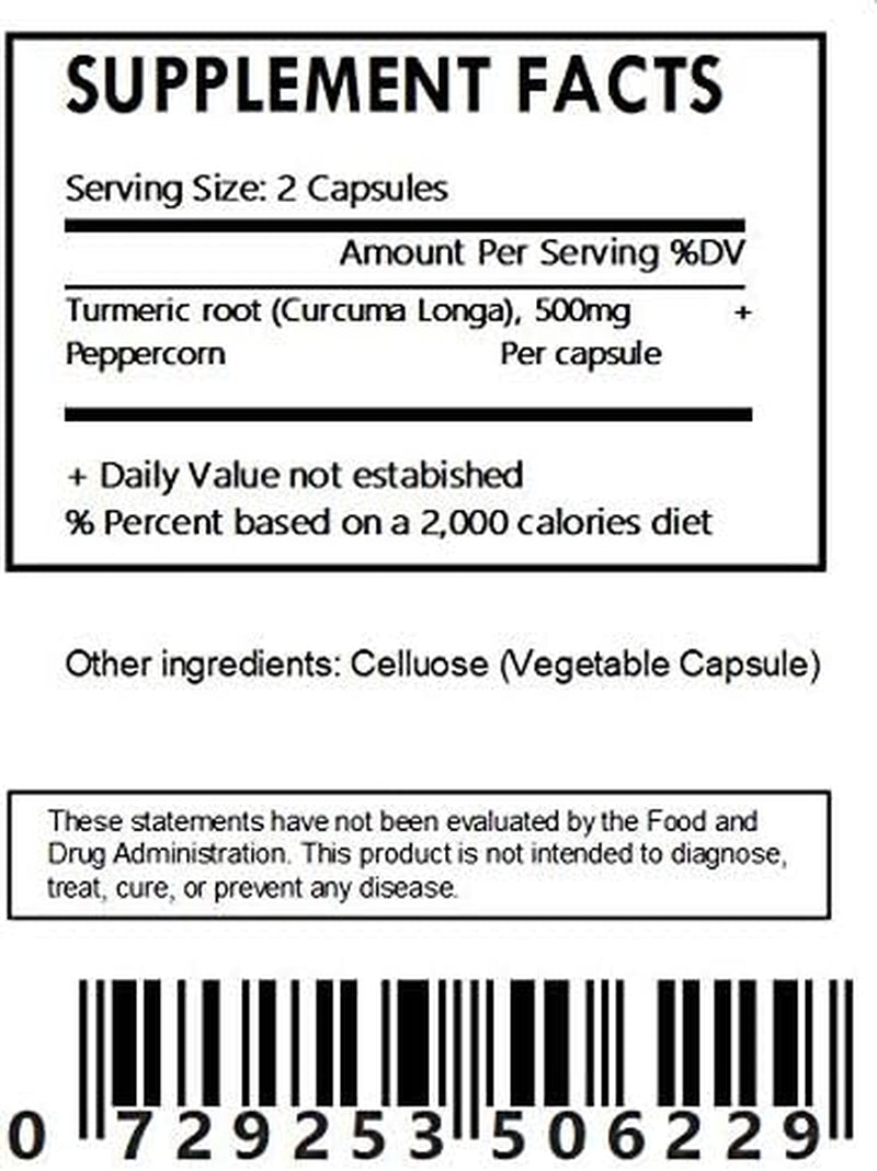 Organic Turmeric Powder and Peppercorn 60 Capsules 500Mg Each (Tumeric - Curcuma Longa) TLBH