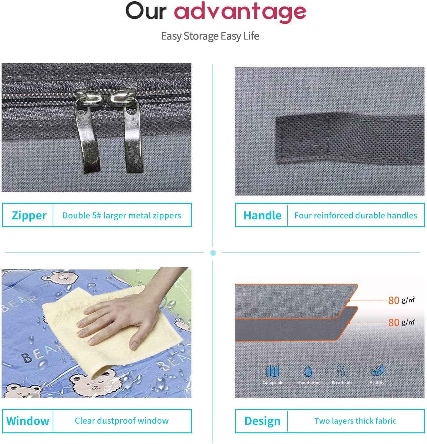 Foldable Underbed Bags 2 Pack - Blankets Clothes Comforters Storage Bag Breathable Zippered Organizer for Bedroom with Clear Window and 4 Handles, 39.4X19.7X5.9 In, Linen-Like Grey, MXDUBBP2