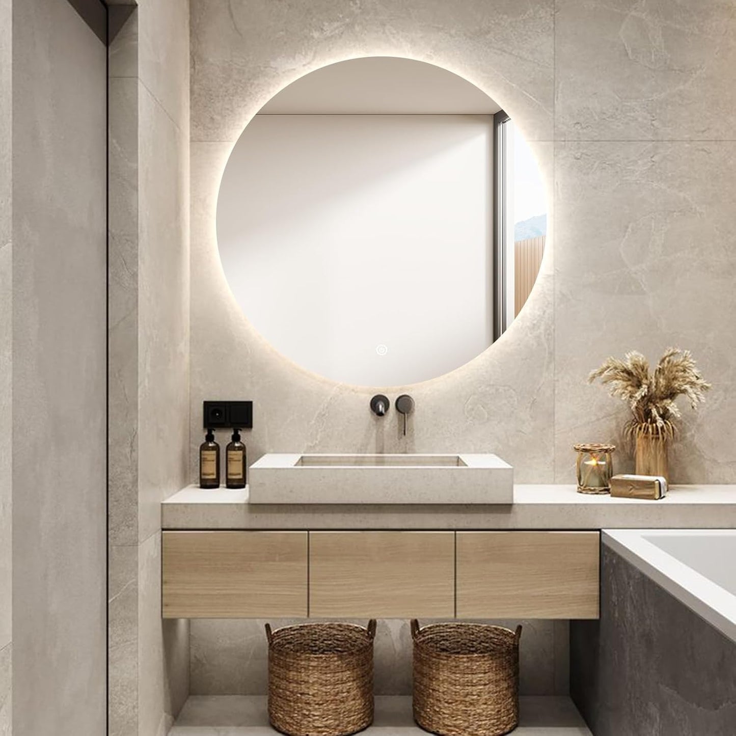 Round LED Bathroom Mirror, 28" Frameless Backlit Wall-Mounted Vanity Mirror with Lights, Anti-Fog Smart Mirror, IP65 Waterproof, Stepless Dimmable 3 Colors, Shatter-Proof, CRI95+