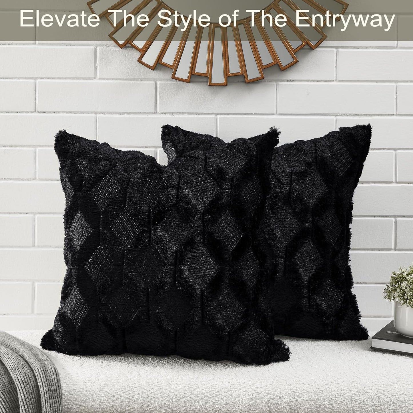 Pack of 2 Faux Wool Throw Pillow Covers 20X20 Inches Decorative Farmhouse Velvet Couch Pillow Case Soft Plush Square Boho Cushion Pillowcase, Black