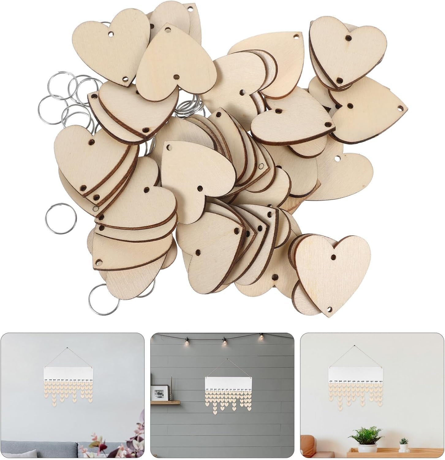 Family Birthday Wooden Reminder Calendar Board Wall Hanging Plaque Board Wood Heart Tags with 50 PCS Iron Loops for Wedding Birthday Christmas Home Wall Decor