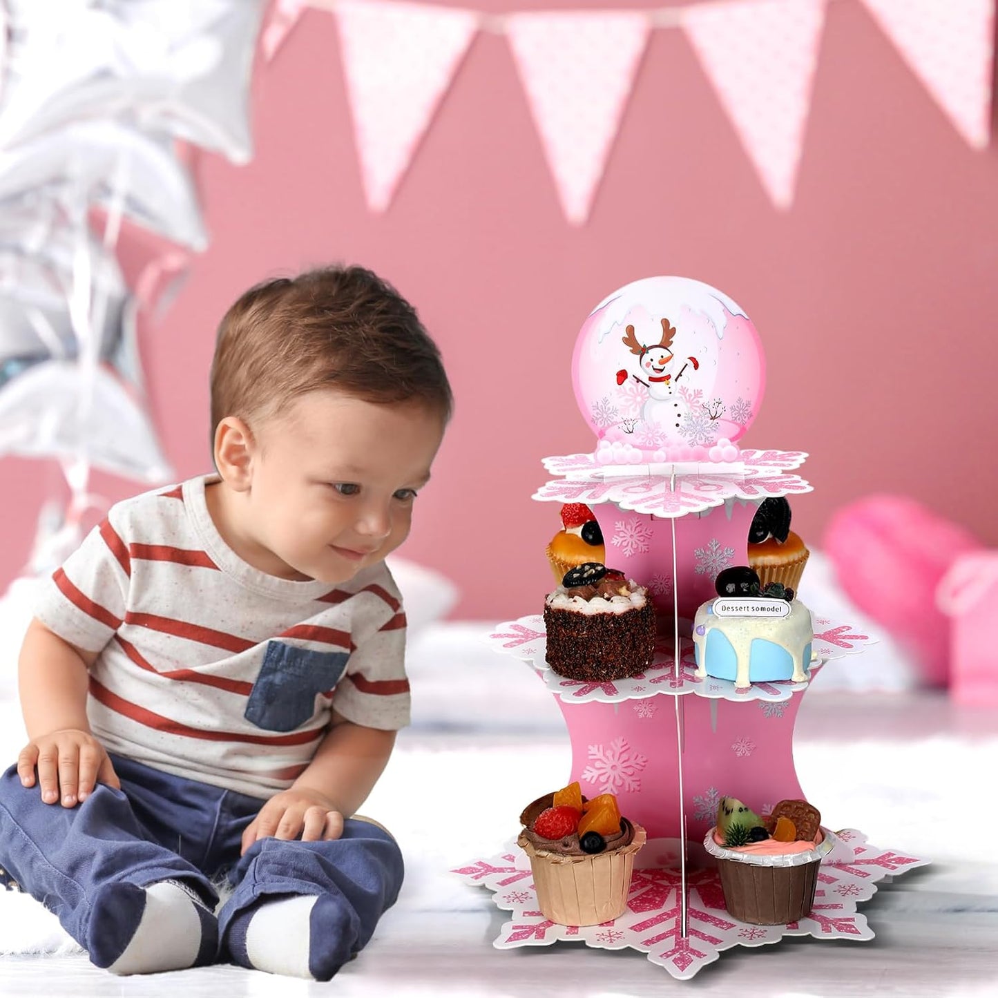 3 Tier Snowflake Cupcake Stand Winter Cake Stand Winter Dessert Tower Cupcake Tray Holder Snowflake Cake Stand for Birthday Party Christmas Holiday Decoration Supplies(Pink)