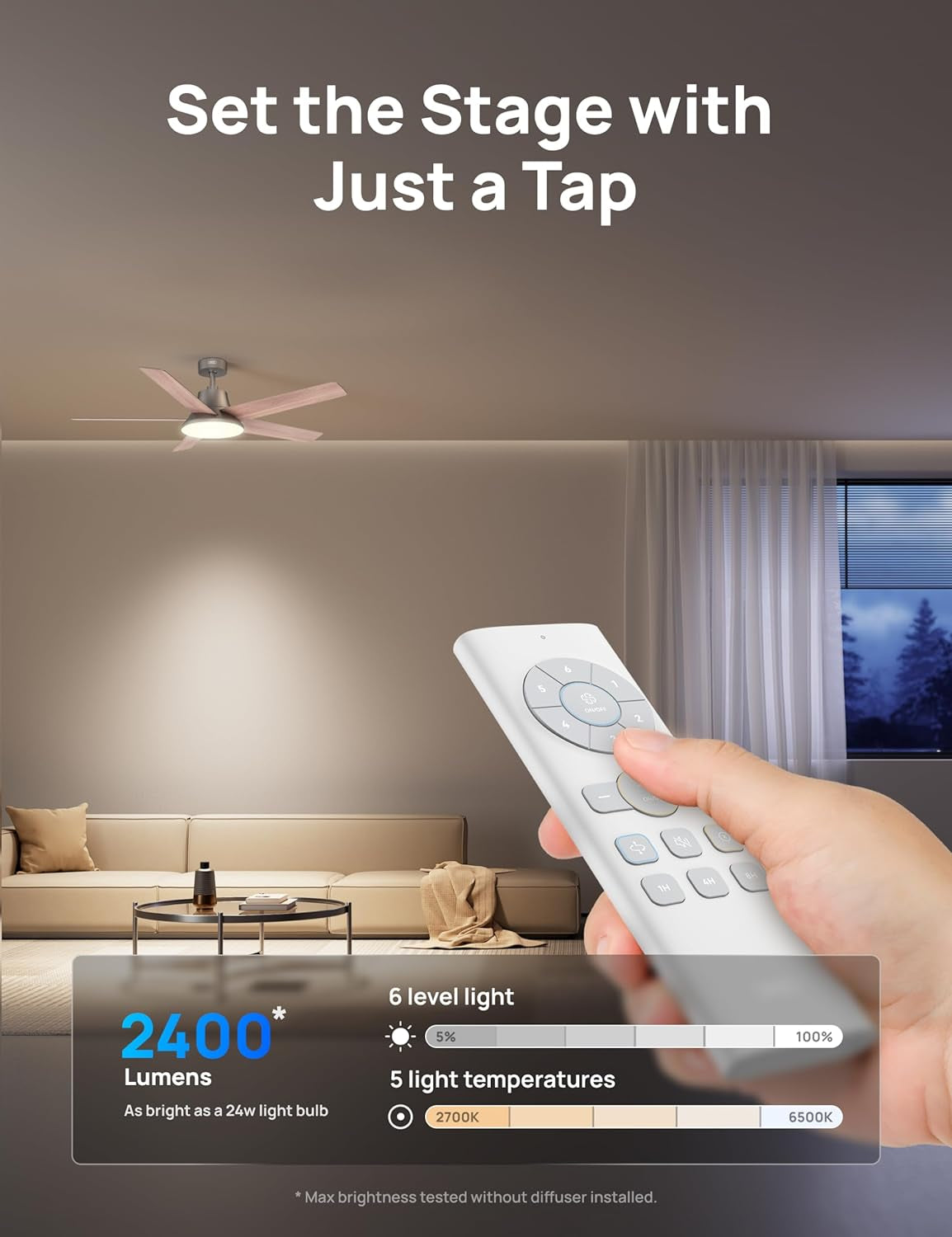 Ceiling Fans with Lights and Remote, 52 Inch, 6 Speeds, 5 Color Tones Dimmable LED, Quiet Reversible DC Motor, 8H Timer, Silver Ceiling Fan for Bedroom, Living Room, Easy to Install
