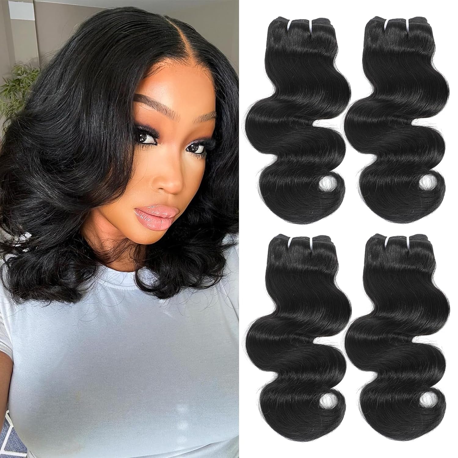 Body Wave Bundles Human Hair 4 Bundles 12 Inch 12A Human Hair Bundles 100% Unprocessed Brazilian Virgin Hair Quick Weave Deals Human Hair Natural Black Color (12/12/12/12, 4 Bundles)