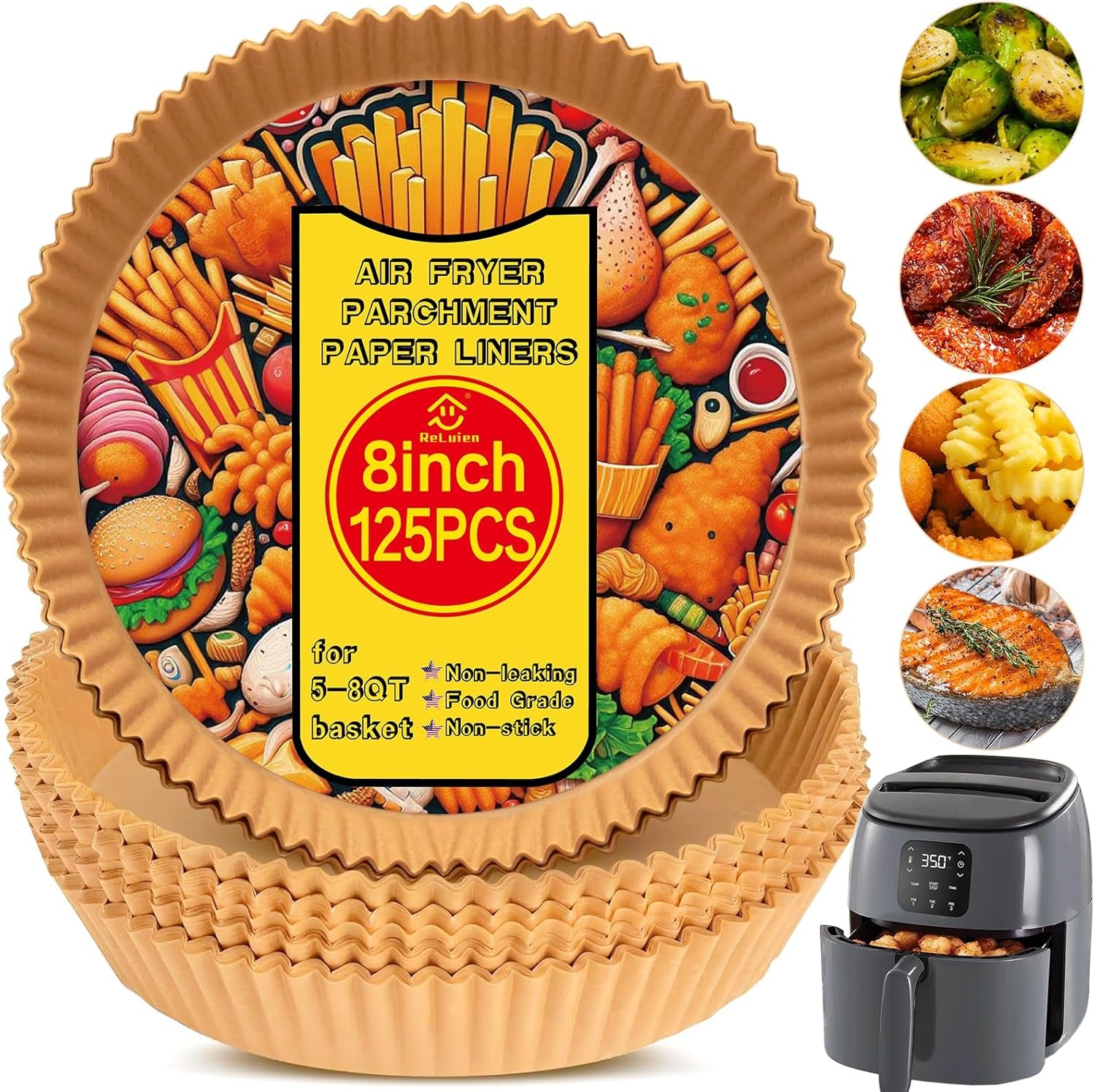 Air Fryer Liners Disposable, 125Pcs Non-Stick Disposable Airfryer Liners, 8 Inch Unbleached Parchment Paper, Square Air Fryer Paper Liners for 5-8QT Air Fryer, Baking, Roasting Microwave