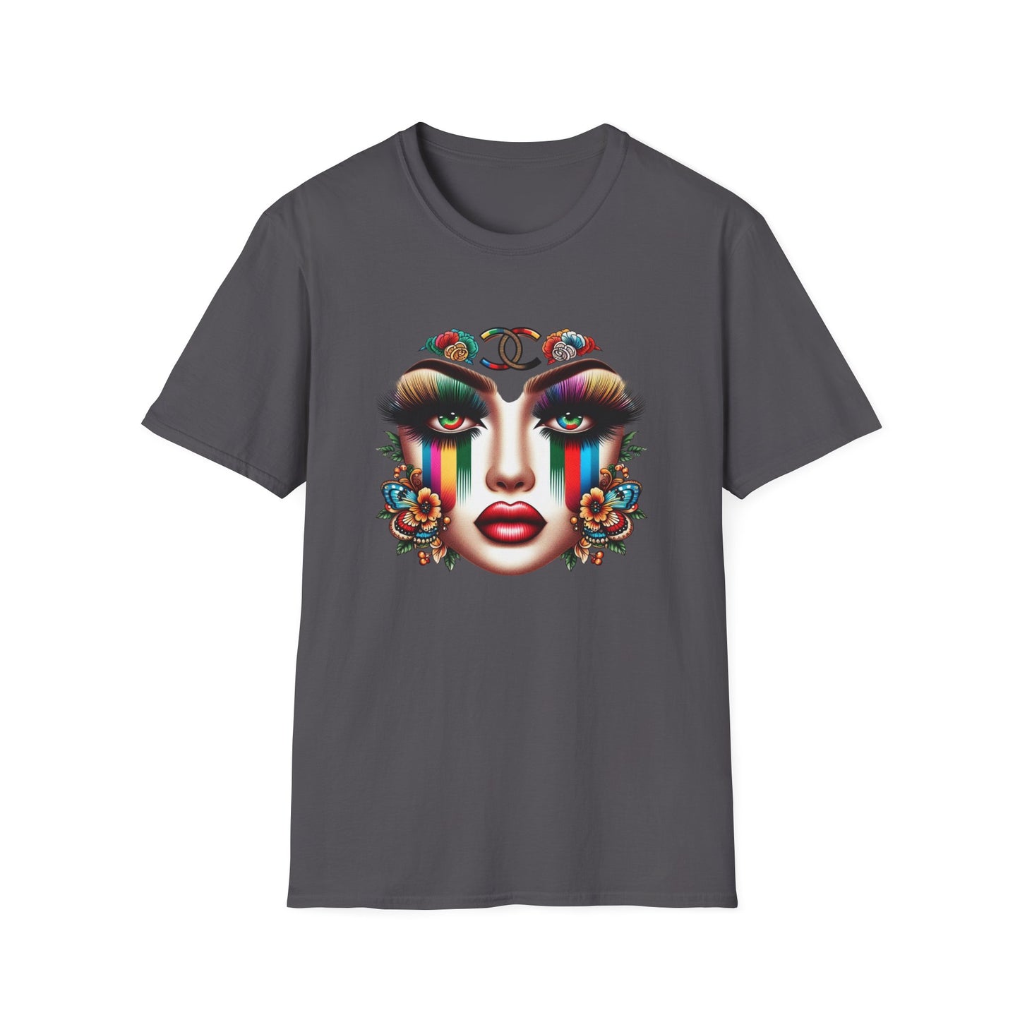 Gucci Inspired Vibrant Art Face Unisex Softstyle T-Shirt - Colorful Floral Design