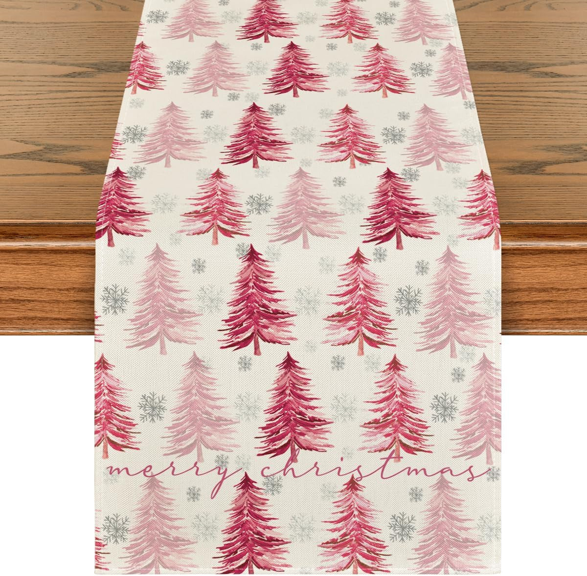 Xmas Trees Snowflake Christmas Table Runner, Seasonal Winter Pink Kitchen Dining Table Decoration for Home Party Decor 13X72 Inch