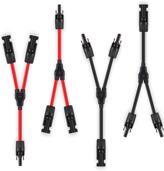 2 Pairs Solar Connectors Y Branch Parallel Adapters 10AWG Cable for Solar Panel (Red & Black)