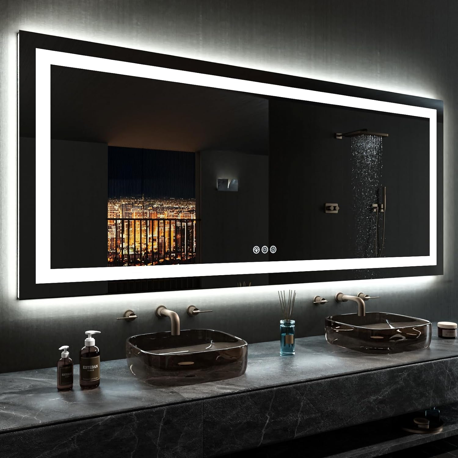 60”X30“ RGB LED Bathroom Mirror with Lights for Bathroom, Anti-Fog, Dimmable，Multiple Light Modes, RGB Backlit + Front Light, Memory Function, Tempered Glass