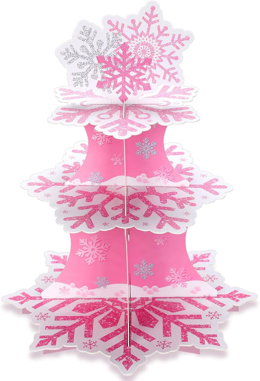 3 Tier Snowflake Cupcake Stand Winter Cake Stand Winter Dessert Tower Cupcake Tray Holder Snowflake Cake Stand for Birthday Party Christmas Holiday Decoration Supplies(Pink)