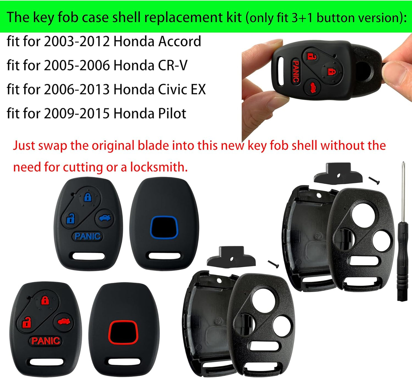 Key Fob Cover Shell for Honda 2003 - 2012 Accord 2009-2015 Pilot,3+1Button Keyless Remote Fob Case Kit Fit for 2006-2013 Civic EX 2005-2006 CR-V (Pack of 4)