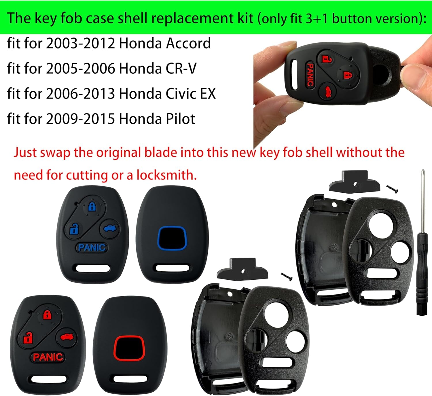 Key Fob Cover Shell for Honda 2003 - 2012 Accord 2009-2015 Pilot,3+1Button Keyless Remote Fob Case Kit Fit for 2006-2013 Civic EX 2005-2006 CR-V (Pack of 4)