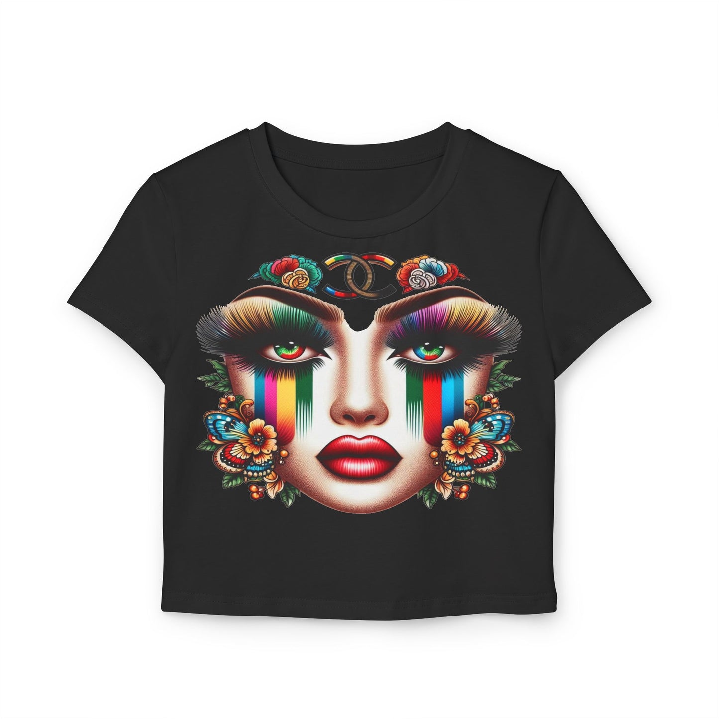 Vibrant Graphic Women's Baby Tee - Colorful Floral Face Design