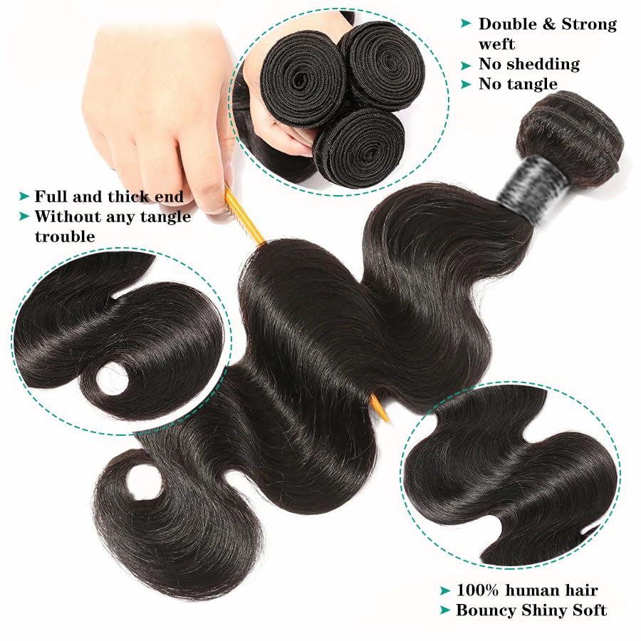 Human Hair Bundles 20 22 24 Inch Body Wave Bundles Human Hair 12A 100% Unprocessed Brazilian Virgin Hair Weave Bundles Human Hair Body Wave 3 Bundles Deals Real Human Hair Extensions Natural Black