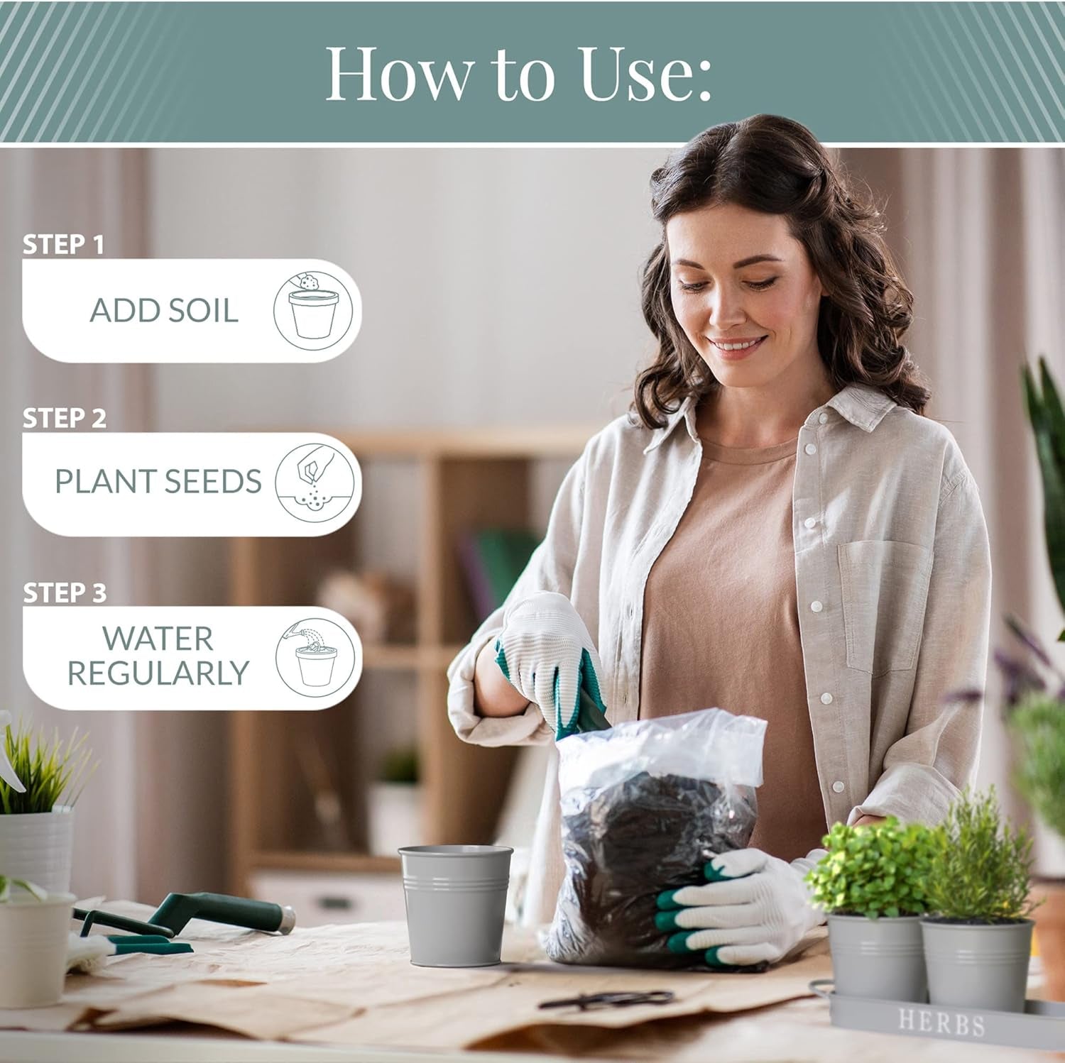 Indoor Herb Garden Planter Set with Tray, Metal Windowsill Plant Pots with Drainage for Outdoor or Indoor Plants, Set/3 (Cool Grey)