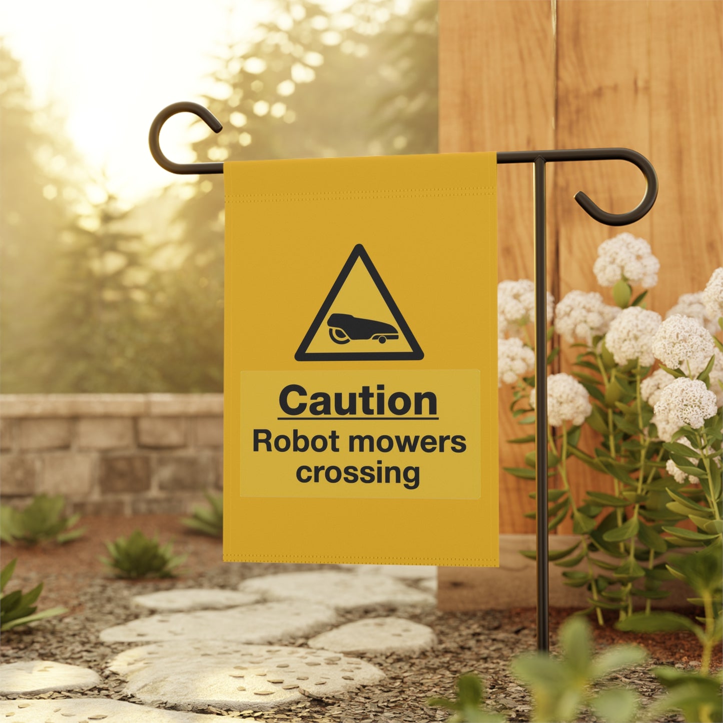 Caution Robot Mowers Crossing Garden Banner