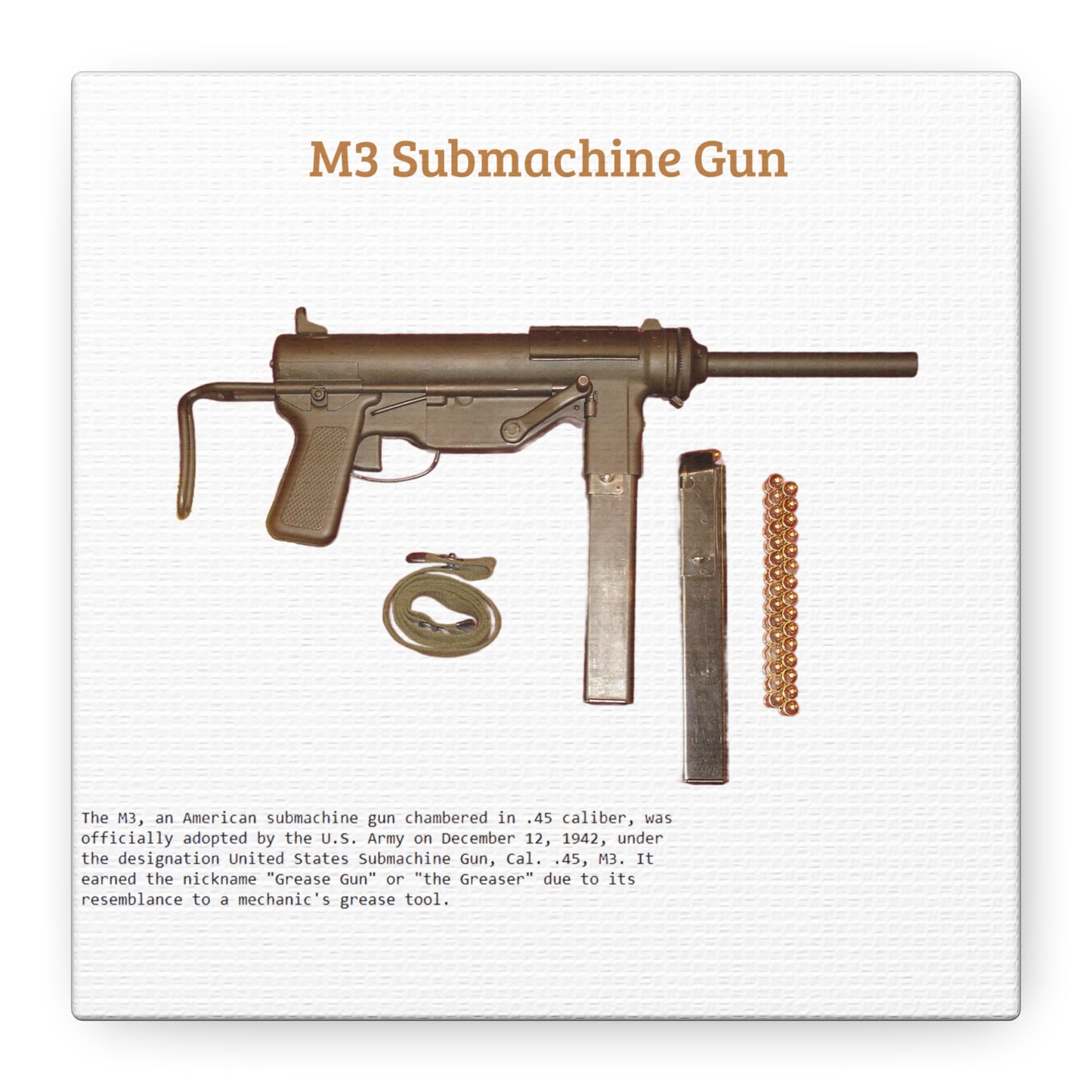 Grease Gun M3 submachine gun Matte Canvas, Stretched, 1.25"