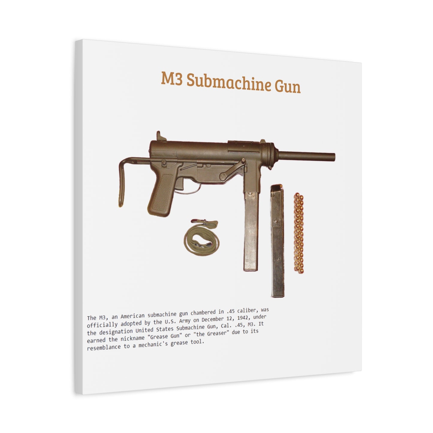 Grease Gun M3 submachine gun Matte Canvas, Stretched, 1.25"