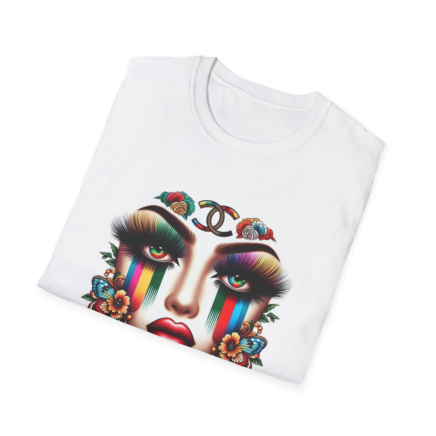 Gucci Inspired Vibrant Art Face Unisex Softstyle T-Shirt - Colorful Floral Design