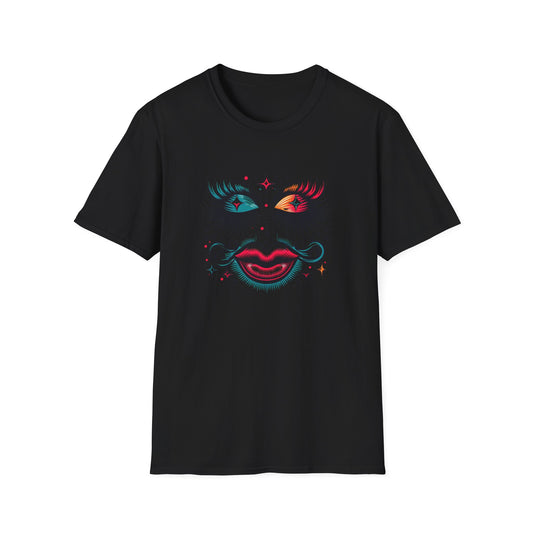 LASHES Vibrant Face Graphic T-Shirt - Unisex Softstyle Tee for Festivals & Celebrations