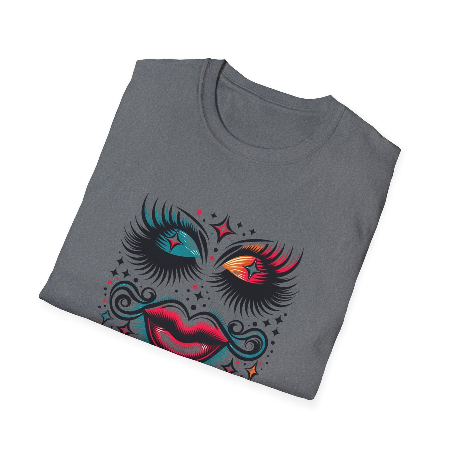 LASHES Vibrant Face Graphic T-Shirt - Unisex Softstyle Tee for Festivals & Celebrations