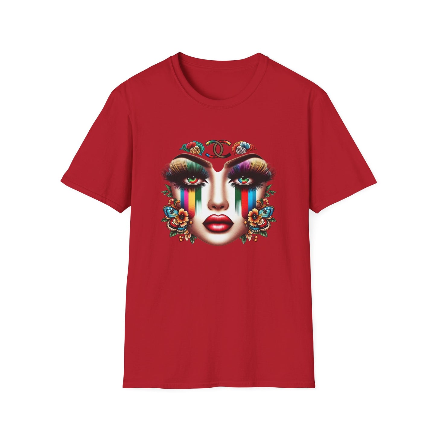 Gucci Inspired Vibrant Art Face Unisex Softstyle T-Shirt - Colorful Floral Design