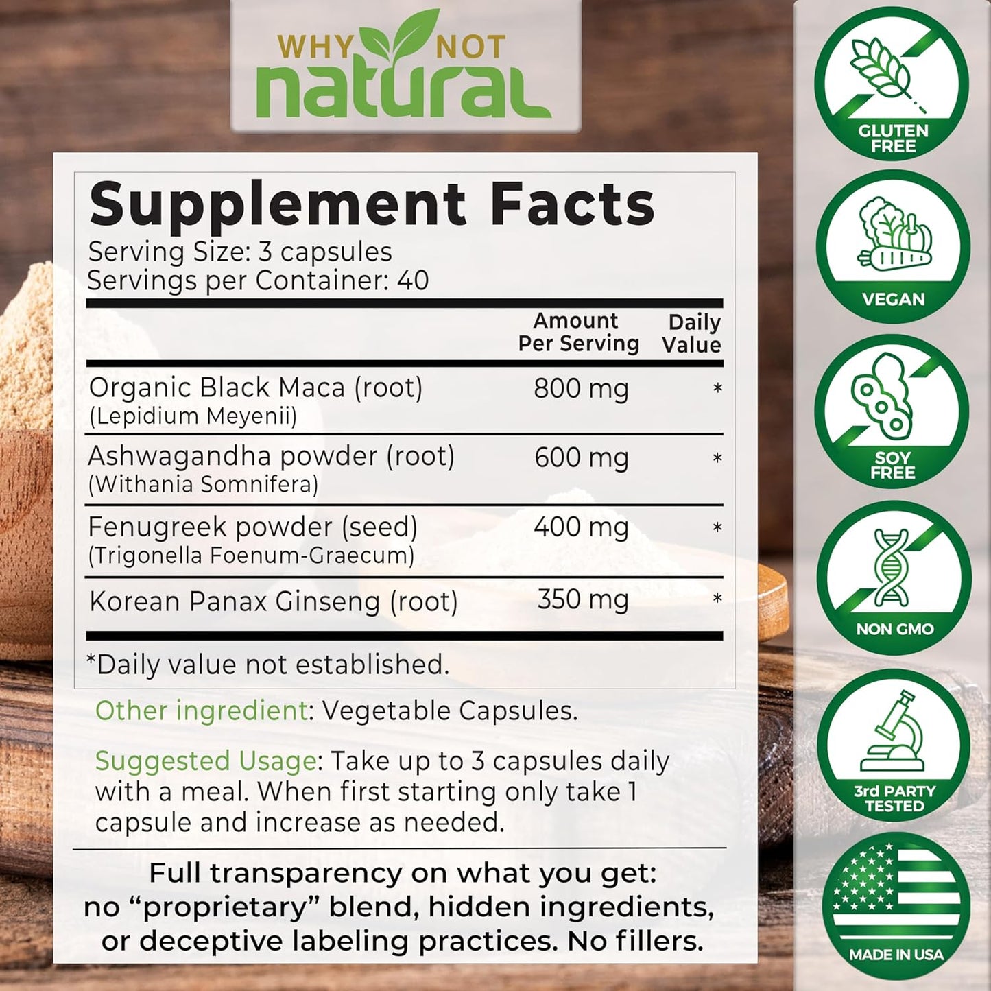 4-In-1 Organic Black Maca Root, Ashwagandha, Fenugreek, Panax Ginseng Capsules, Supplement for Men and Women (120 Count (Pack of 1) TLBH