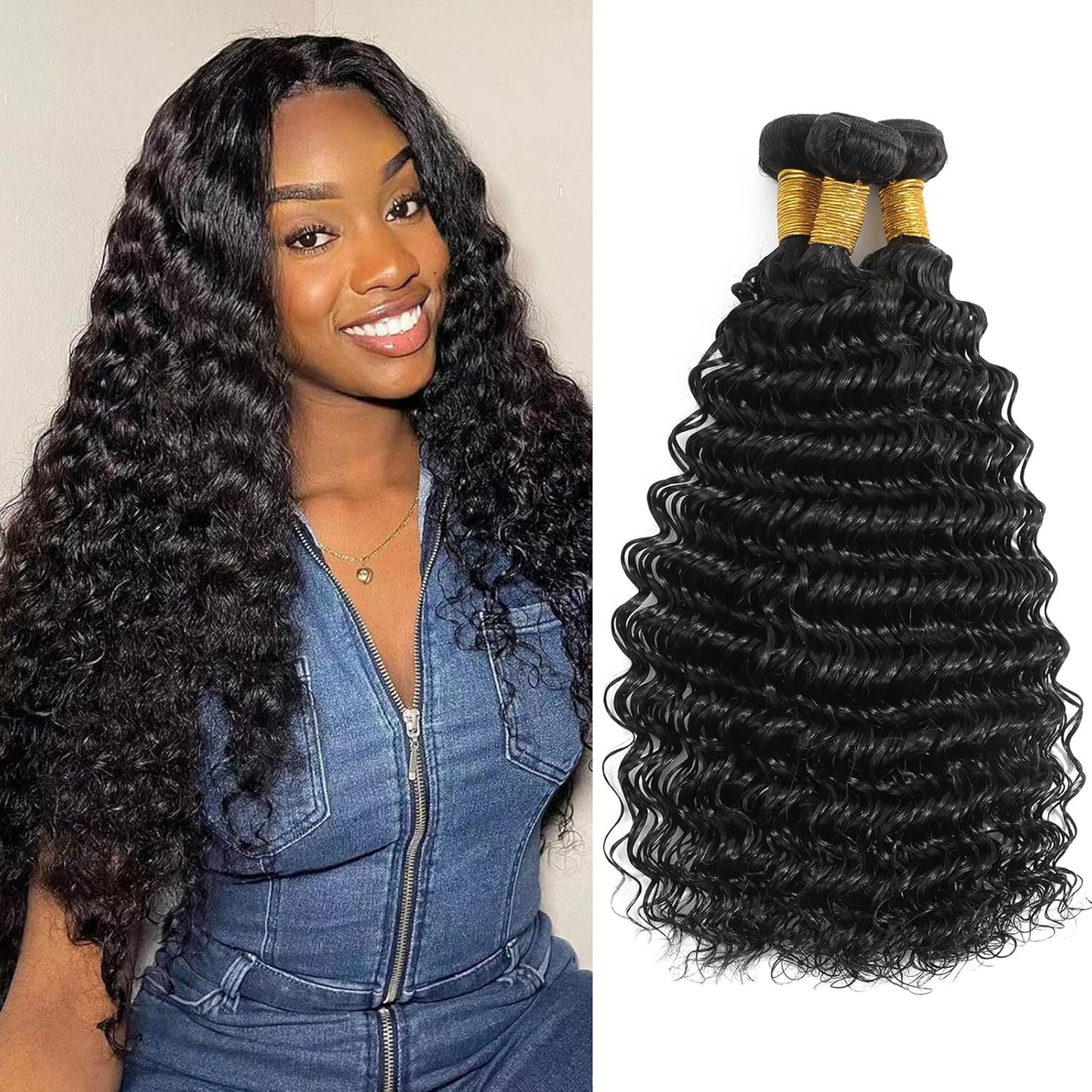 Deep Wave Bundles 12 14 16 Inch Full and Thick 3 Bundles 12A 100% Unprocessed Brazilian Virgin Human Hair Bundles Soft Curly Bundles Human Hair